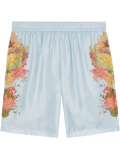 Burberry Men's Bradeston World Map Silk Shorts In Pale Blue