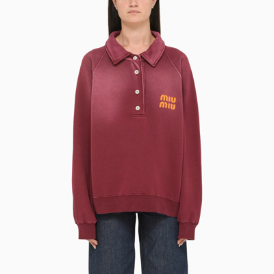 Miu Miu Burgundy Long Sleeve Polo With Logo In Red