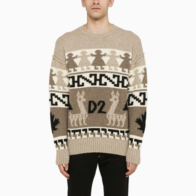 Dsquared2 Beige Crew Neck Jumper With Embroidery In Multicolor