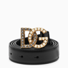 Dolce & Gabbana Black Belt With Dg Logo Buckle With Pearls And Rhinestones In Smooth Leather Woman In Black