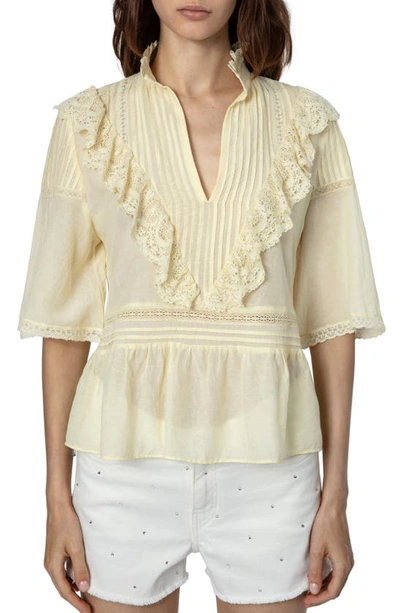Zadig & Voltaire Tonelo Ruffle-trim Cotton-blend Blouse In Butter