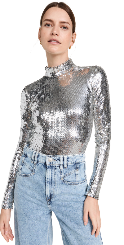 Brandon Maxwell Mirror Paillette Long Sleeve Sequin Bodysuit In Silver