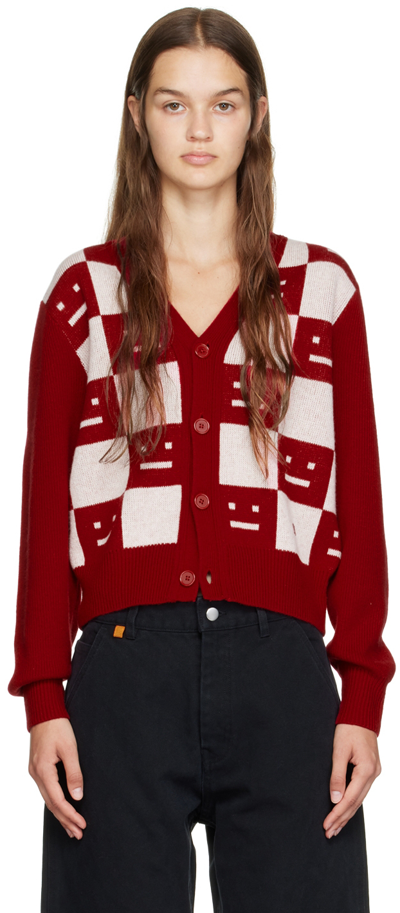 Acne Studios Wool Check Cardigan In Deep Red / Faded Pink