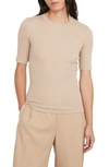 Vince Ribbed Cotton Stripe Elbow-sleeve Tee In Pale Nut/ Blanc