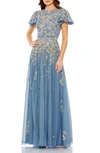 Mac Duggal Flutter Sleeve A-line Gown In Slate Blue