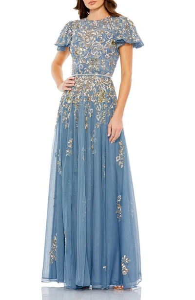 Mac Duggal Flutter Sleeve A-line Gown In Slate Blue