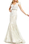 Mac Duggal Illusion Sequin Lace Feather Sleeve Mermaid Gown In Ivory Nude