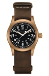 HAMILTON KHAKI FIELD MECHANICAL LEATHER STRAP WATCH, 38MM