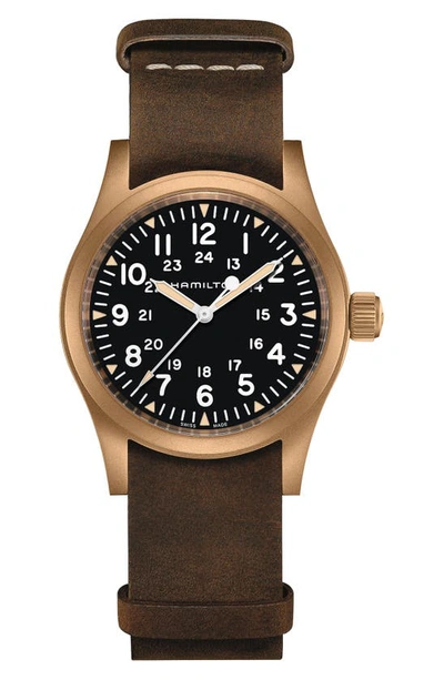 Hamilton Men's Swiss Mechanical Khaki Field Brown Leather Strap Watch 38mm In Black