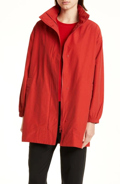 Eileen Fisher Stand Collar Hidden Hood Organic Cotton Blend Coat In Cinnabar