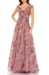 Mac Duggal Embroidered Illusion Cap Sleeve A Line Gown In Cinnamon