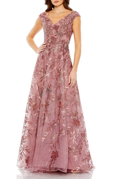 Mac Duggal Embellished Floral Cap-sleeve Gown In Cinnamon