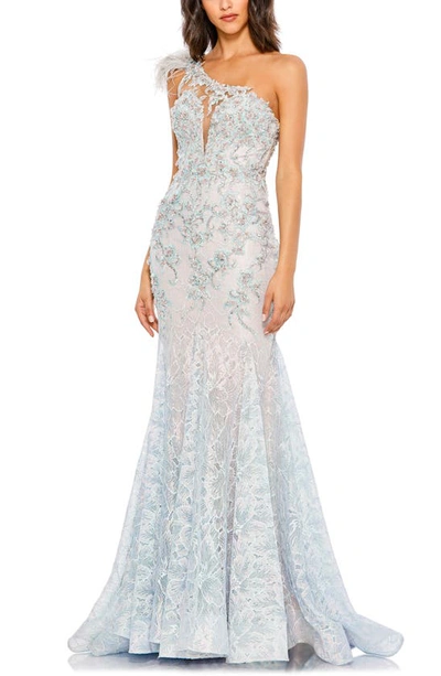 Mac Duggal Beaded Feather Detail One-shoulder Mermaid Gown In Crystal Blue