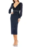 Mac Duggal Sequin Long Sleeve Body-con Midi Cocktail Dress In Midnight