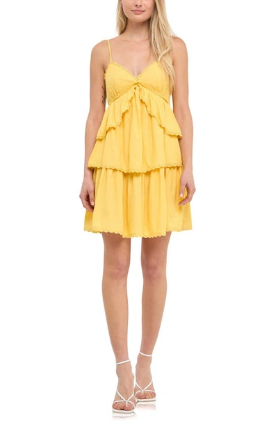 Free The Roses Lace Trim Tiered Minidress In Yellow