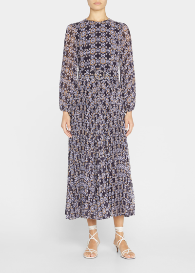 Zimmermann Sunray Floral Pleated Midi Dress With Belt In Navy Daisy |  ModeSens