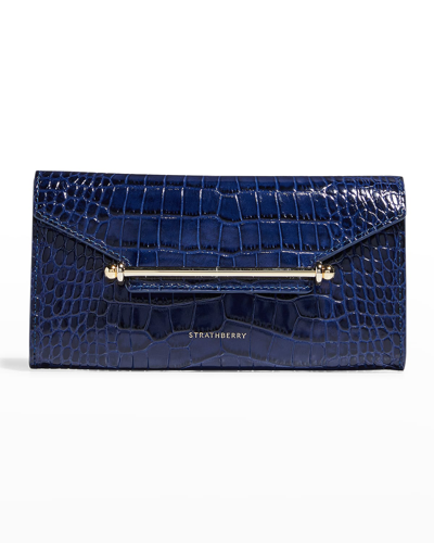 Strathberry Multrees Croc-embossed Flap Wallet On Chain In Navy