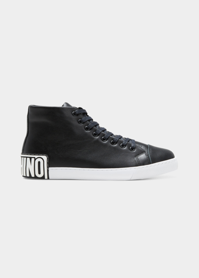 Moschino Men's Maxi Logo Leather High-top Sneakers In Black