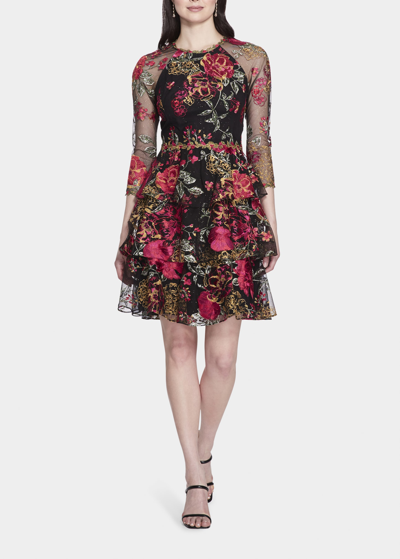 Marchesa Notte Tiered Floral-embroidered Tulle Dress In Black