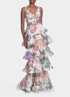 Marchesa Notte Plunging Floral Sequin Tiered Gown In Ivory