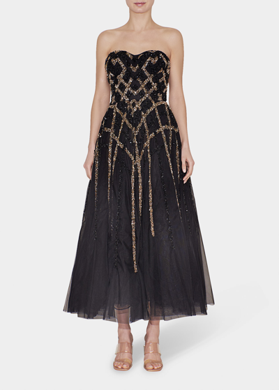 Reem Acra Beaded Strapless Tea-length Tulle Dress In Blackgold