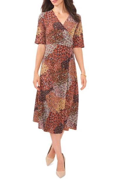 Chaus Mixed Print Faux Wrap Midi Dress In Spice Red