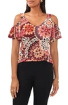 Chaus Floral Cold Shoulder Flutter Sleeve Knit Blouse In Black/ Berry/ Mauve