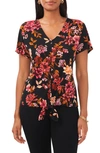 Chaus Floral Flutter Sleeve Blouse In Black/ Pink/ Gold