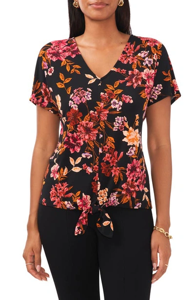 Chaus Floral Flutter Sleeve Blouse In Black/ Pink/ Gold