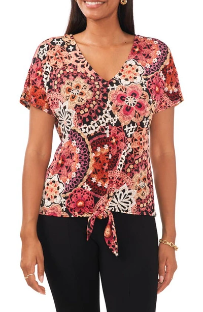 Chaus Floral Print V-neck Top In Black/ Berry/ Mauve