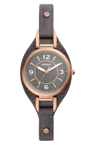 Fossil Women's Carlie Grey Leather Strap Watch, 28mm In Black / Gold Tone / Rose / Rose Gold Tone