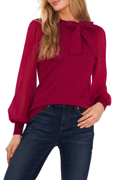 Cece Sweet Tie Mix Media Cotton Blend Sweater In Deep Merlot