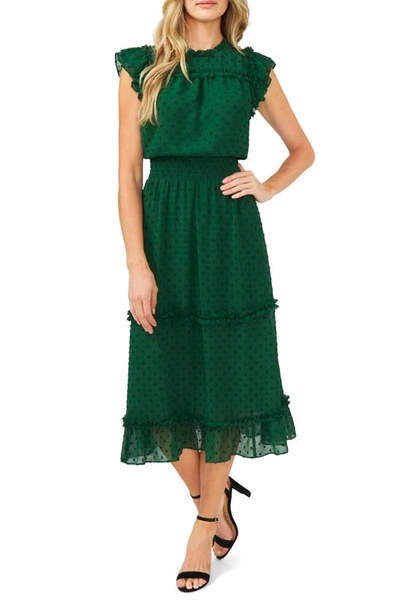 Cece Ruffled Swiss Dot Midi Dress In Alpine Green