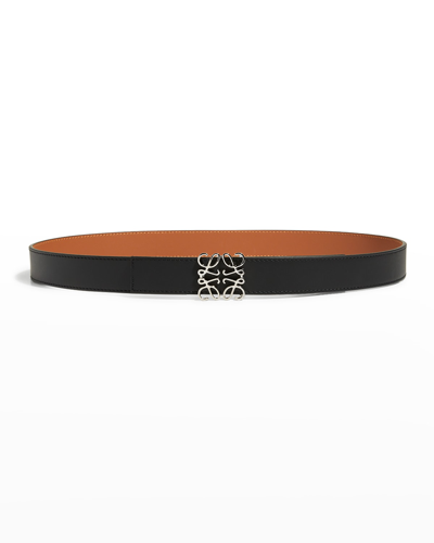 Loewe Reversible Anagram Leather Belt In Black/tan Silver
