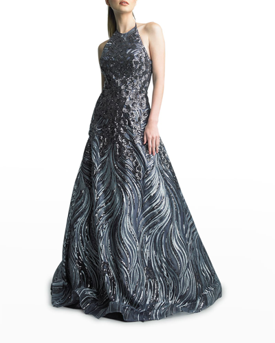 Basix Halter Sequin Embroidered Gown In Charcoal
