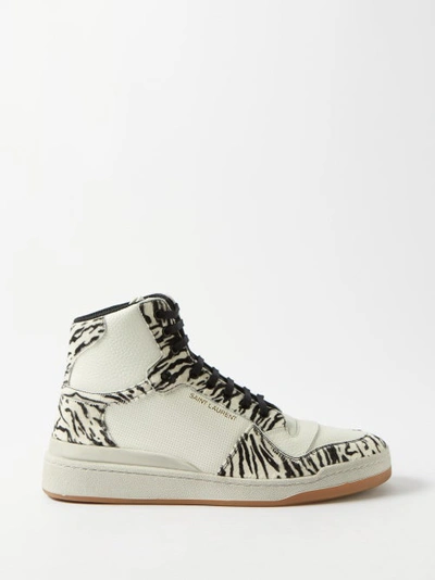 Saint Laurent Men's Sl/24 Mid-top Sneakers In Smooth Leather And Zebra Print Pony Effect Leather In Ebano