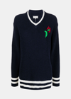 Maison Margiela Floral-embroidered V-neck Jumper In Navy & Blue & White