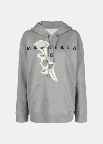 Mm6 Maison Margiela Floral-print Logo Hoodie In Grey Melange