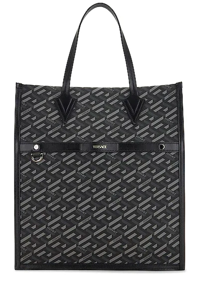 Versace Coated Canvas La Greca Bag In Black Grey