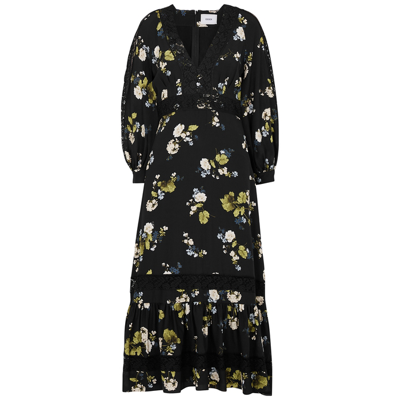 Erdem Magdalene Lace-trimmed Floral-print Silk Crepe De Chine Midi Dress In Black