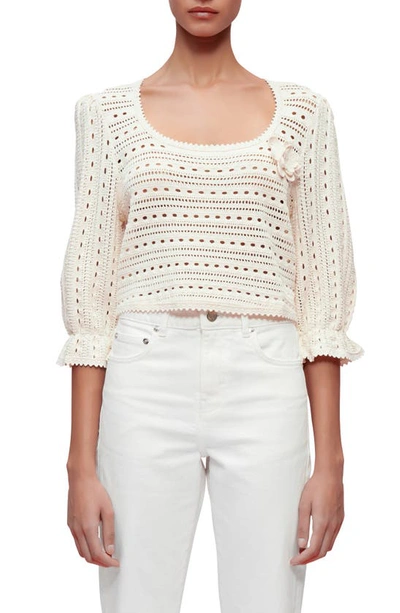 Maje Marcia Floral Appliqué Pointelle Sweater In Ivory