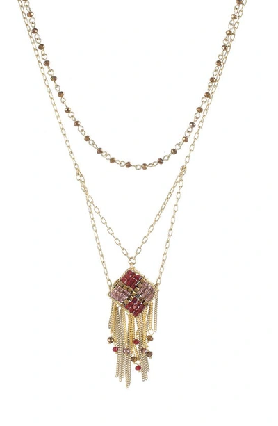 Jardin Beaded Fringe Pendant Layered Necklace In Red/ Gold