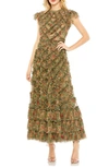 Mac Duggal Ruffle Midi-dress In Green Multi