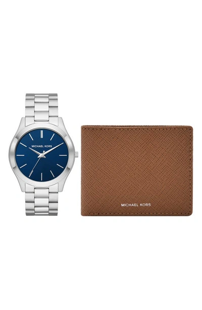 Michael Kors Men's Slim Runway Stainless Steel Bracelet Watch & Saffiano Leather Wallet Gift Set In Silver