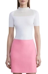 Lafayette 148 Sheer Inset Short Sleeve Merino Wool Sweater In Cloud