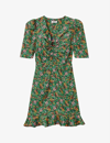 Sandro Short-sleeved Dress With Floral Print In Verts
