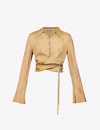 Acne Studios Teba Crinkled Wrap-over Silk Top In Caramel Brown