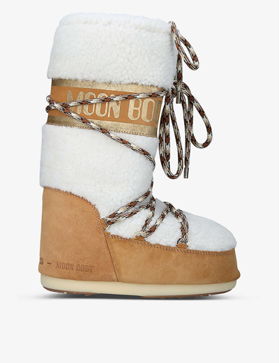 MOON BOOT WOMENS TAN COMB ICON LOGO-PRINT SHEARLING AND SUEDE SNOW BOOTS EUR 35 / 2 UK,59035214