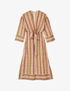 Sandro True Floral Stripe-print Silk Midi Dress In Verts