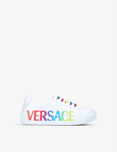 Versace Kids' Logo Print Lace-up Leather Trainers In White